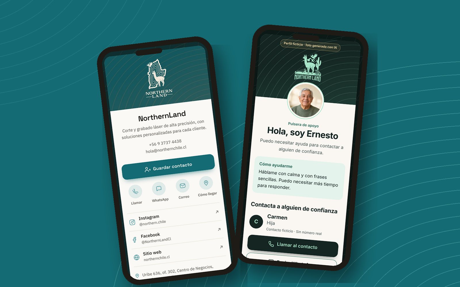 Dos teléfonos: la tarjeta digital de NorthernLand y la ficha de la Pulsera de apoyo